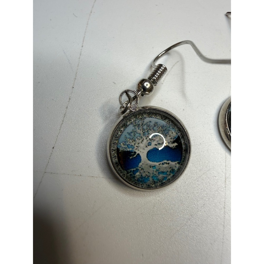 Tree of Life Blue White Glass Cabochon Silver Tone Round Drop Hook Earrings